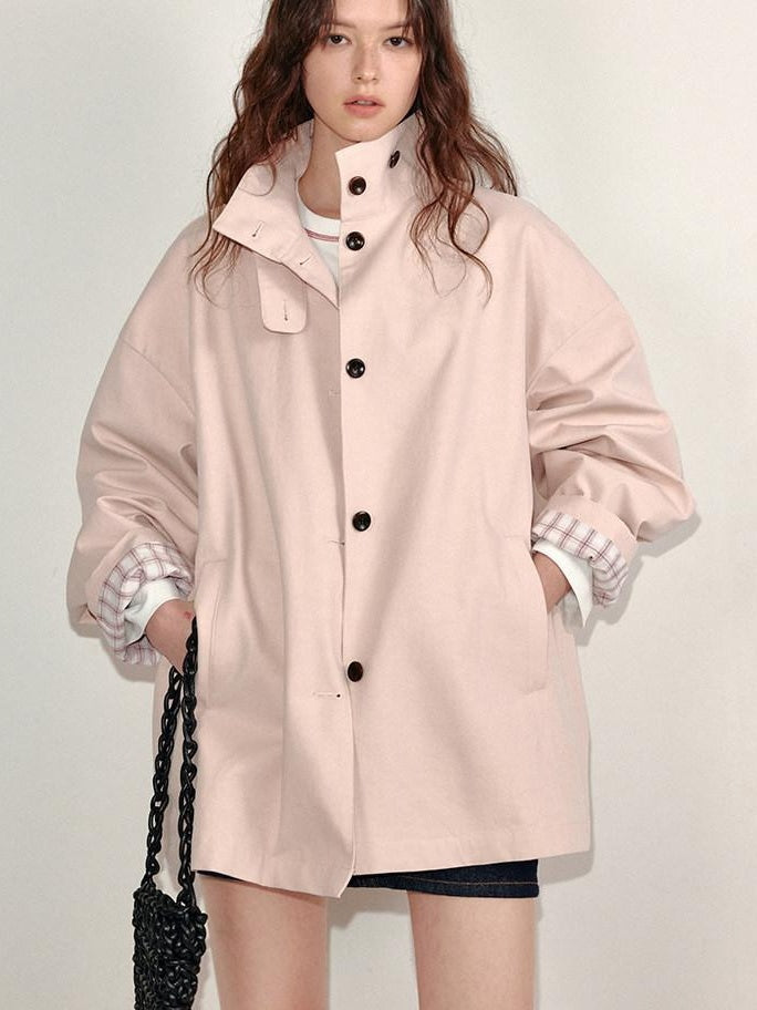 fano Pure Cotton Relaxed Commuter Stand Collar Midlength Peach Pink Trench Coats