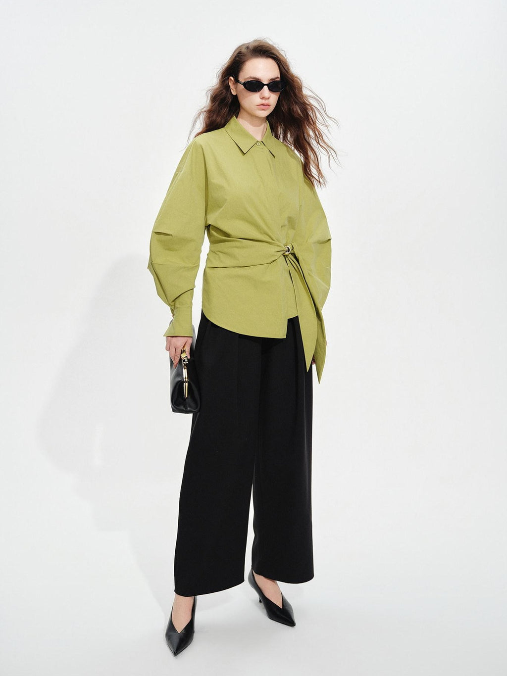 audreyyang Shape Retaining Casual Relaxed Tie Drop Shoulder Women Cotton Blend Shirts