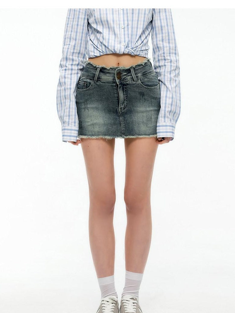 ikyou Stretch Cotton Blend Low Waist Fitted Distressed Fringe Lined Denim Mini Skirts