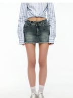 ikyou Stretch Cotton Blend Low Waist Fitted Distressed Fringe Lined Denim Mini Skirts