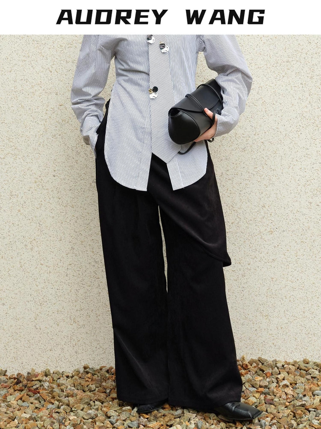 audreyyang Comfort Stretch Asymmetric Minimalist High Waist Loose Fit Women Straight Pants