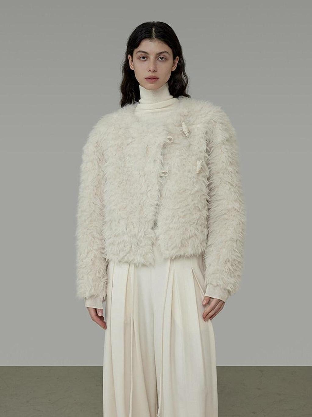 unspoken Warm Thick Minimalist Loose Fit Round Neck Ivory Workwear Cropped Jackets