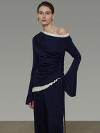 unspoken Navy Tencel Slim Fit Knit Round Neck High Waist Casual Women Top & Skirt Sets