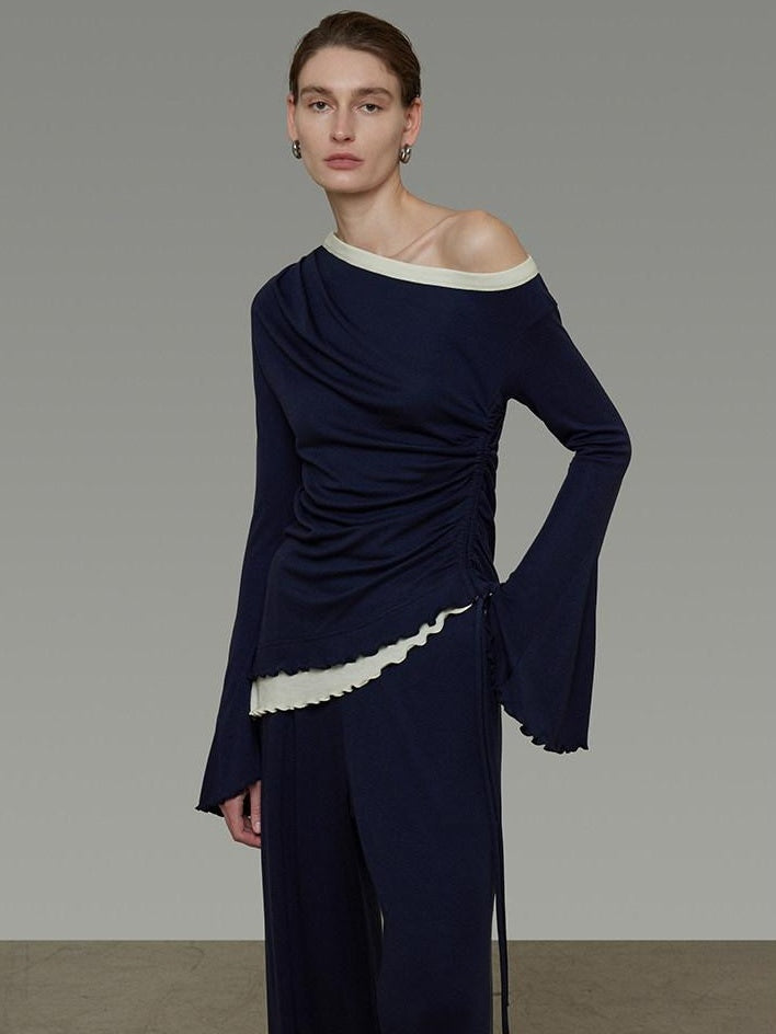 unspoken Navy Tencel Slim Fit Knit Round Neck High Waist Casual Women Top & Skirt Sets