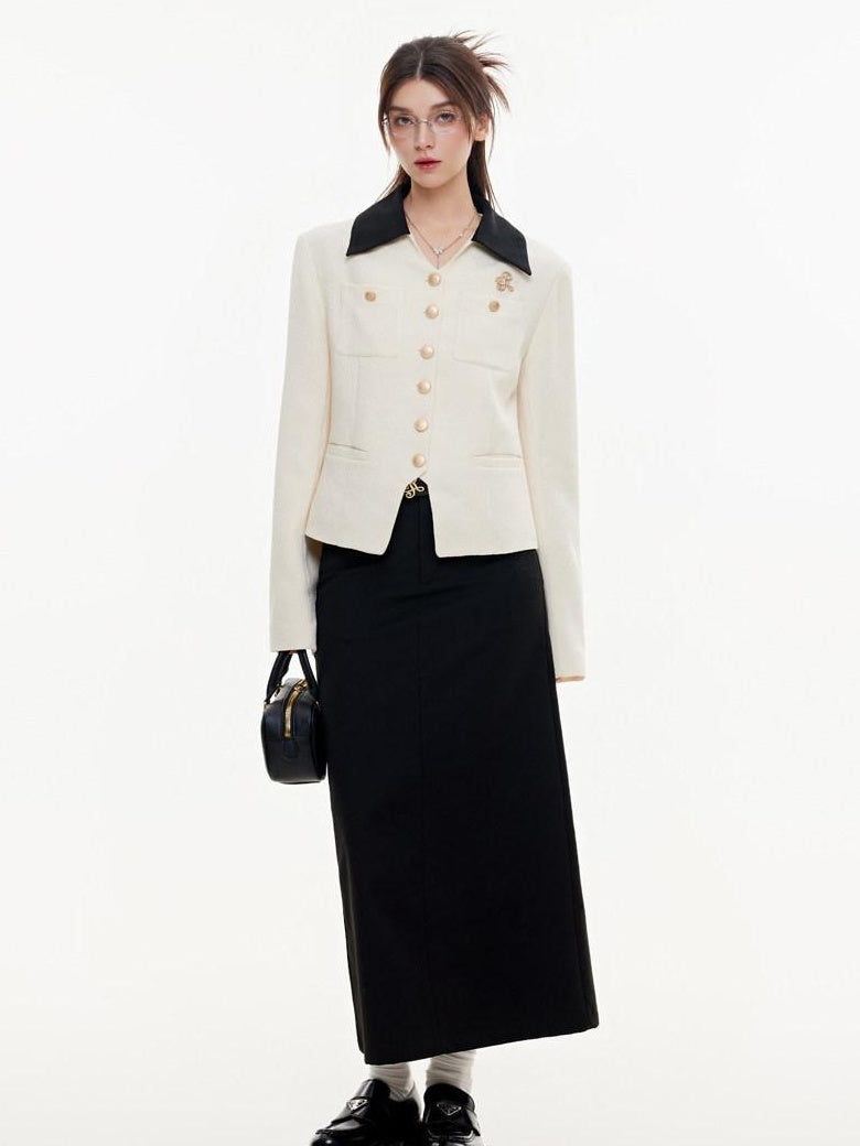 ikyou Office Slim Fit White Lapel Button Multi Pocket Women Cropped Jackets