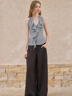 someonesometimes Original Design Wave Fringe Slim Fit Men Mist Blue Rayon Halter Crop Tops