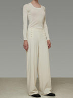 unspoken Breathable High Waist Button Detail Minimal Womens Office White Wide Leg Pants
