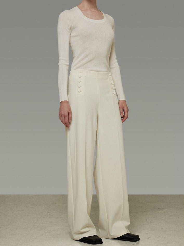 unspoken Breathable High Waist Button Detail Minimal Womens Office White Wide Leg Pants