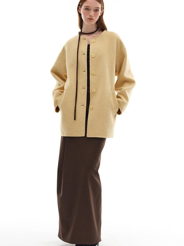 someone sometimes Minimalist Belted Roundneck Single Breasted 50 Percent Wool Yellow Wool Coats