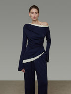 unspoken Navy Tencel Slim Fit Knit Round Neck High Waist Casual Women Top & Skirt Sets