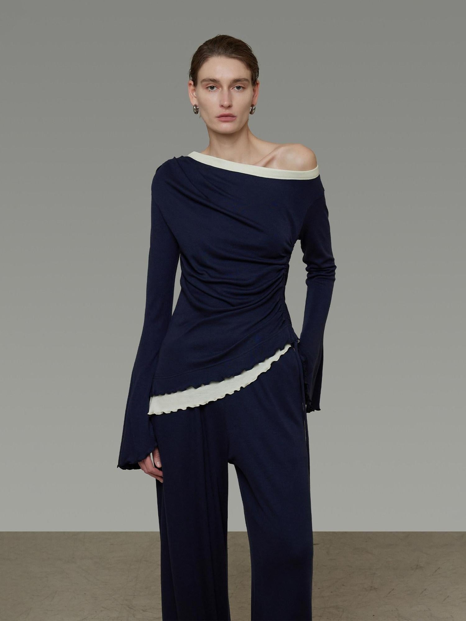 unspoken Navy Tencel Slim Fit Knit Round Neck High Waist Casual Women Top & Skirt Sets