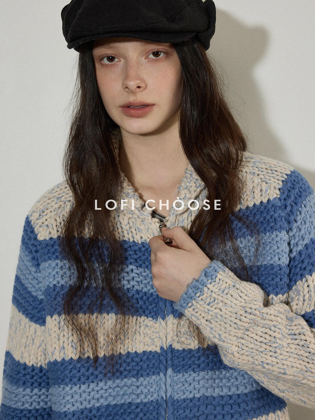Lofi choose Acrylic Wool Blend Colorblock Striped Lapel Loose Fit Women Zip Front Cardigans