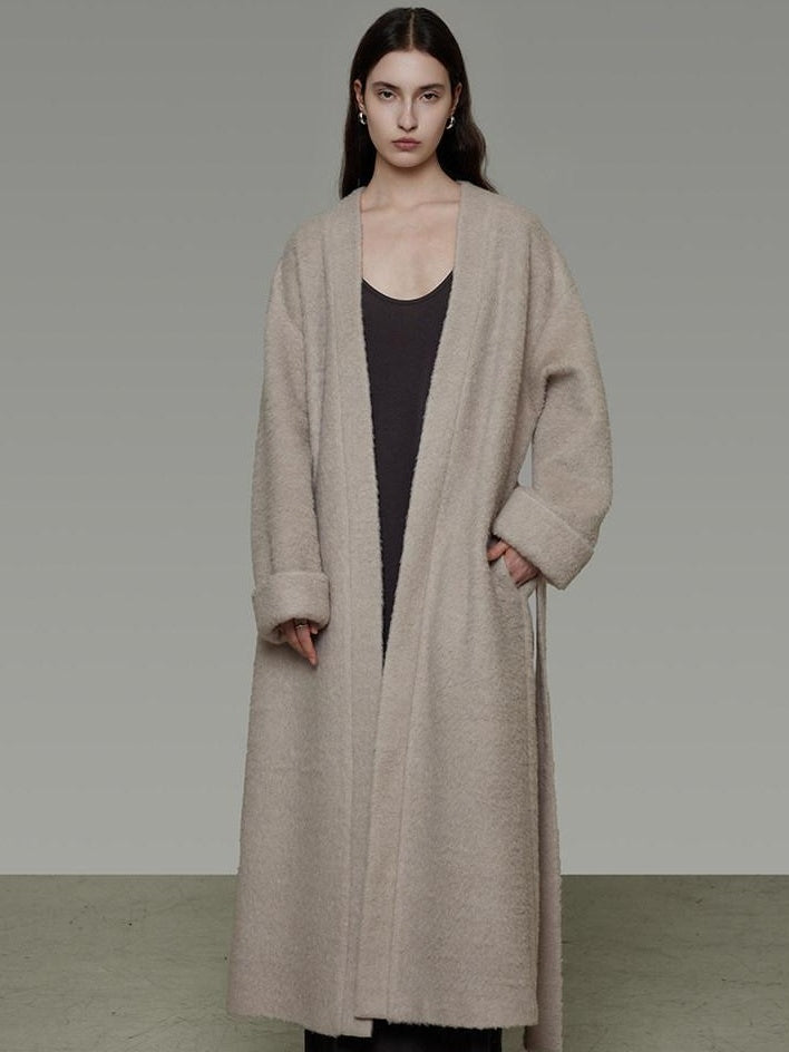 unspoken Cozy Sheepswool Belted Loose Fit Minimal Office V-neck Mid Length Wool Coats