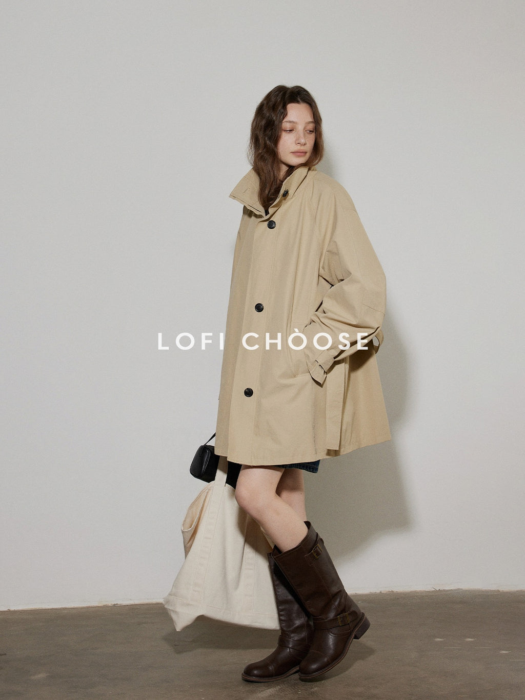 Lofi choose Office Ready Loose Fit Short Stand Collar Single Button Women Khaki Trench Coats