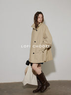 Lofi choose Office Ready Loose Fit Short Stand Collar Single Button Women Khaki Trench Coats