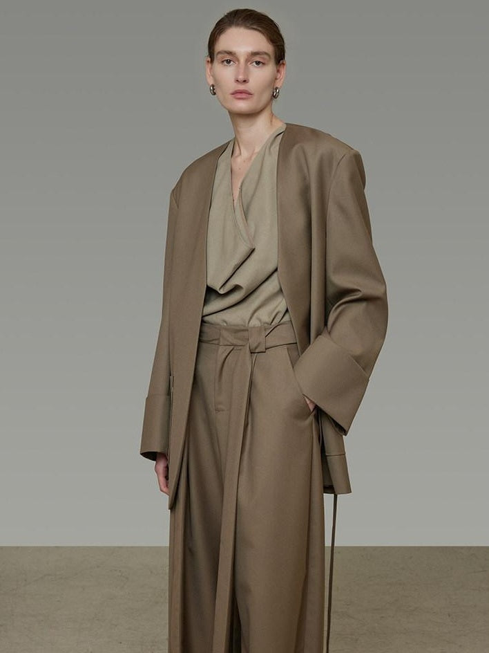 unspoken Minimal Slim Tailored Blazer High Waist Long Pants Women Brown Top & Pants Sets