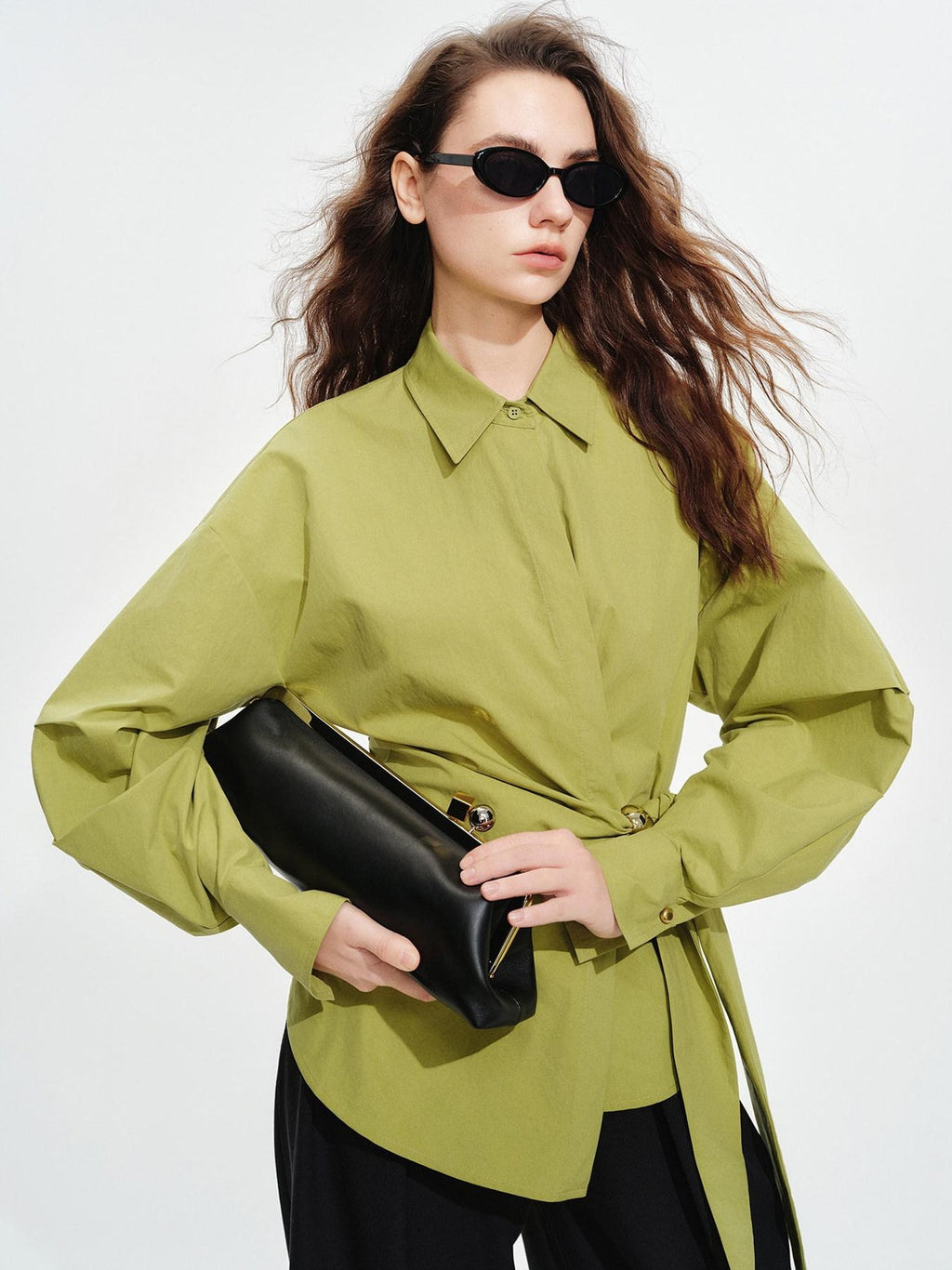 audreyyang Shape Retaining Casual Relaxed Tie Drop Shoulder Women Cotton Blend Shirts