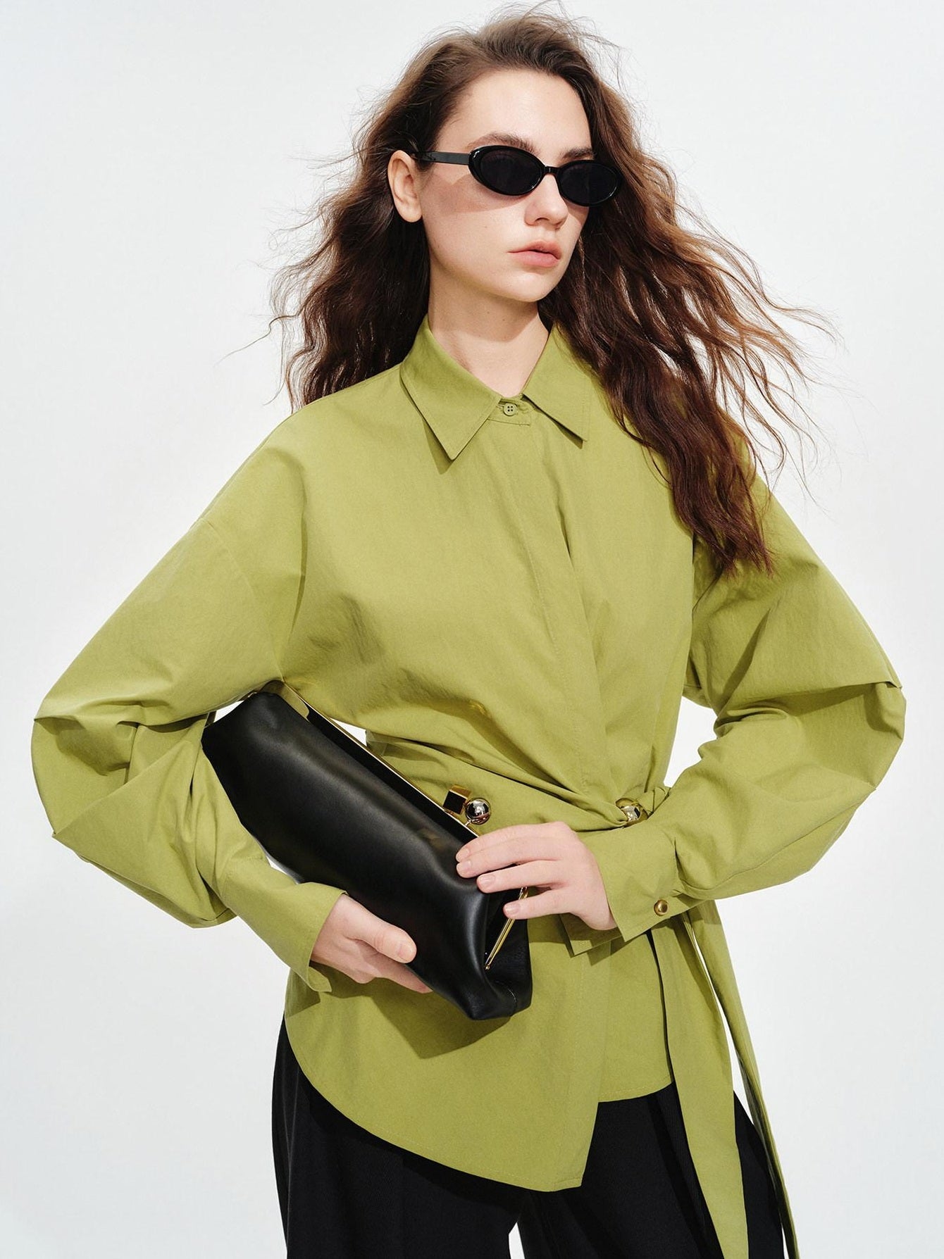 audreyyang Shape Retaining Casual Relaxed Tie Drop Shoulder Women Cotton Blend Shirts