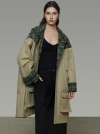 unspoken Breathable Pure Cotton Minimalist Loose Midlength Women Plaid Khaki Trench Coats