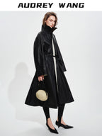 audreyyang Detachable Belt Pure Cotton Loose Long Single Breasted Women Black Trench Coats