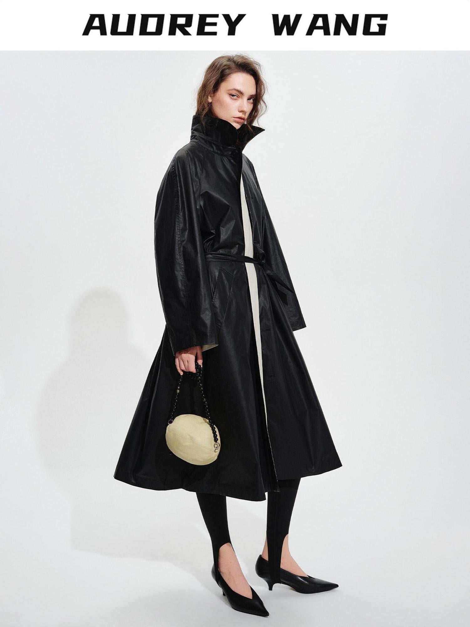 audreyyang Detachable Belt Pure Cotton Loose Long Single Breasted Women Black Trench Coats