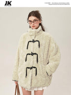 ikyou Thick Insulated Minimalist Commuter Straight Fit Stand Collar Apricot Short Coat