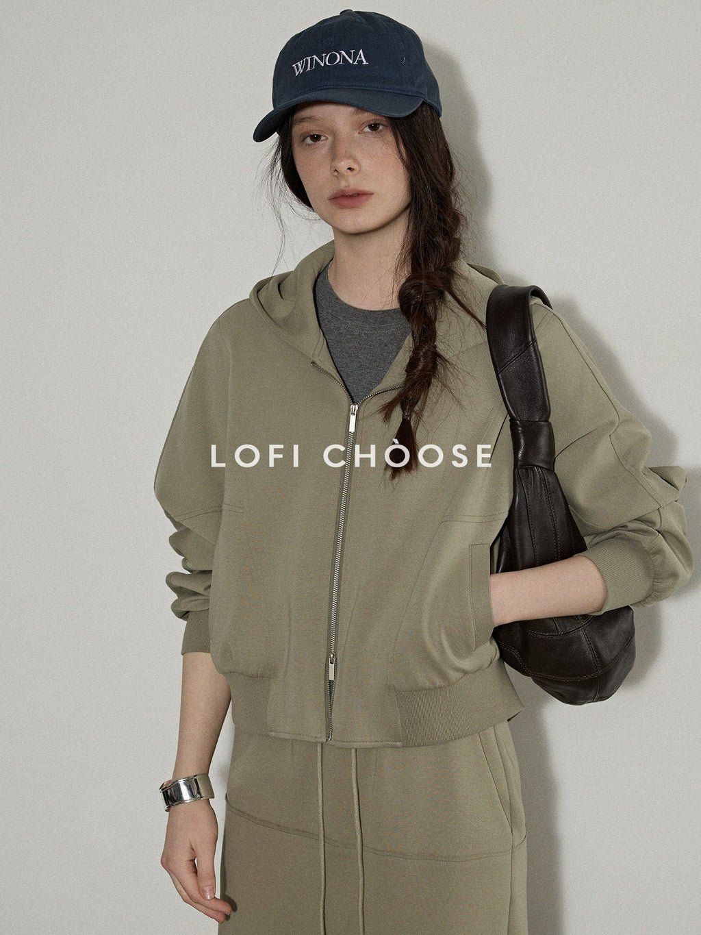 Lofi choose Hooded Zip Cardigan Loose Fit Long Sleeve Workwear Light Green Top & Skirt Sets