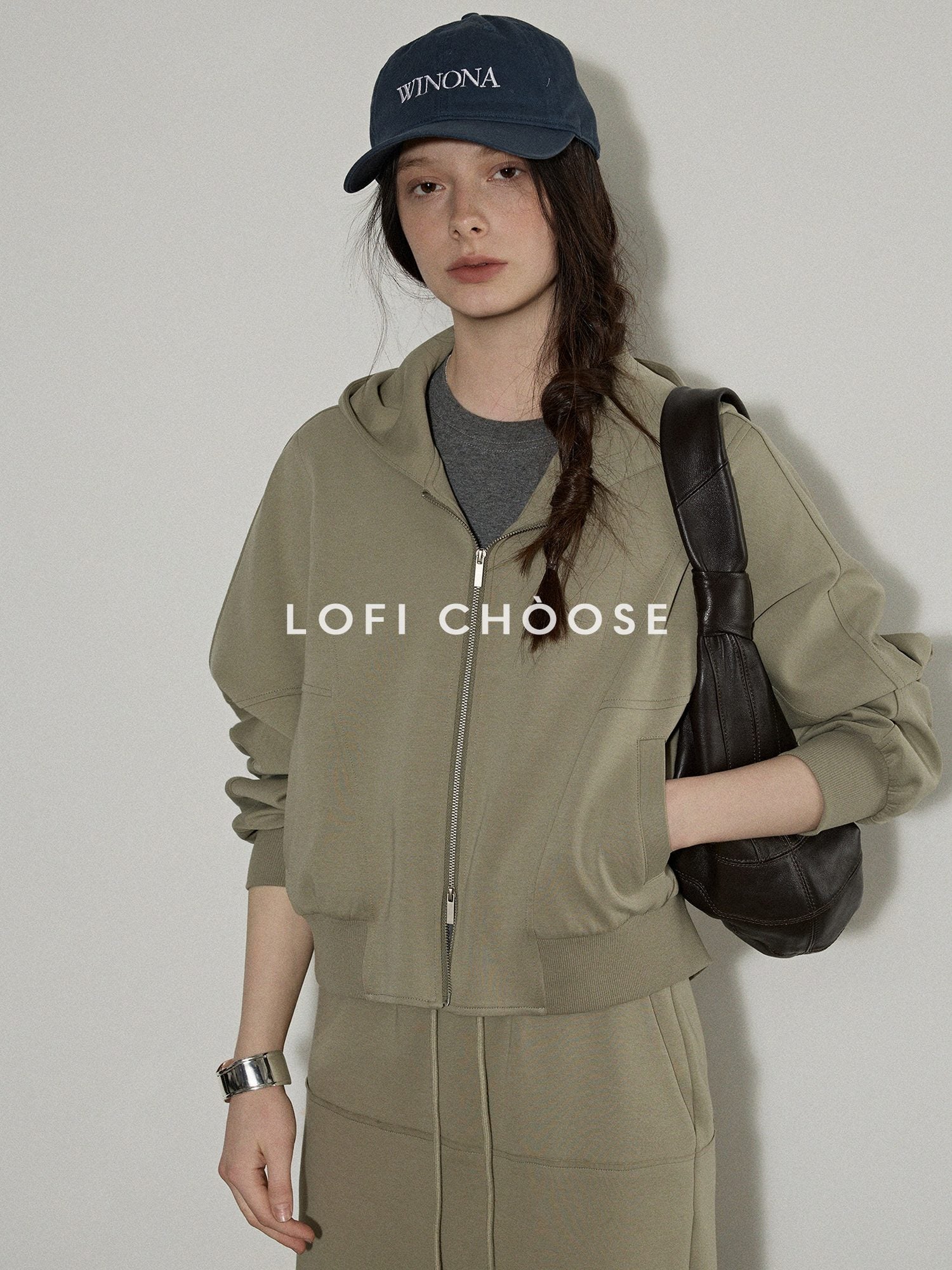 Lofi choose Hooded Zip Cardigan Loose Fit Long Sleeve Workwear Light Green Top & Skirt Sets