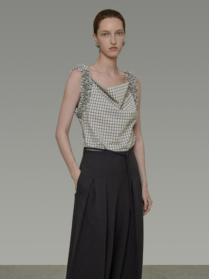 unspoken Plaid Pleated Loose Fit Office Wear Womens Polyester Blend Camisoles