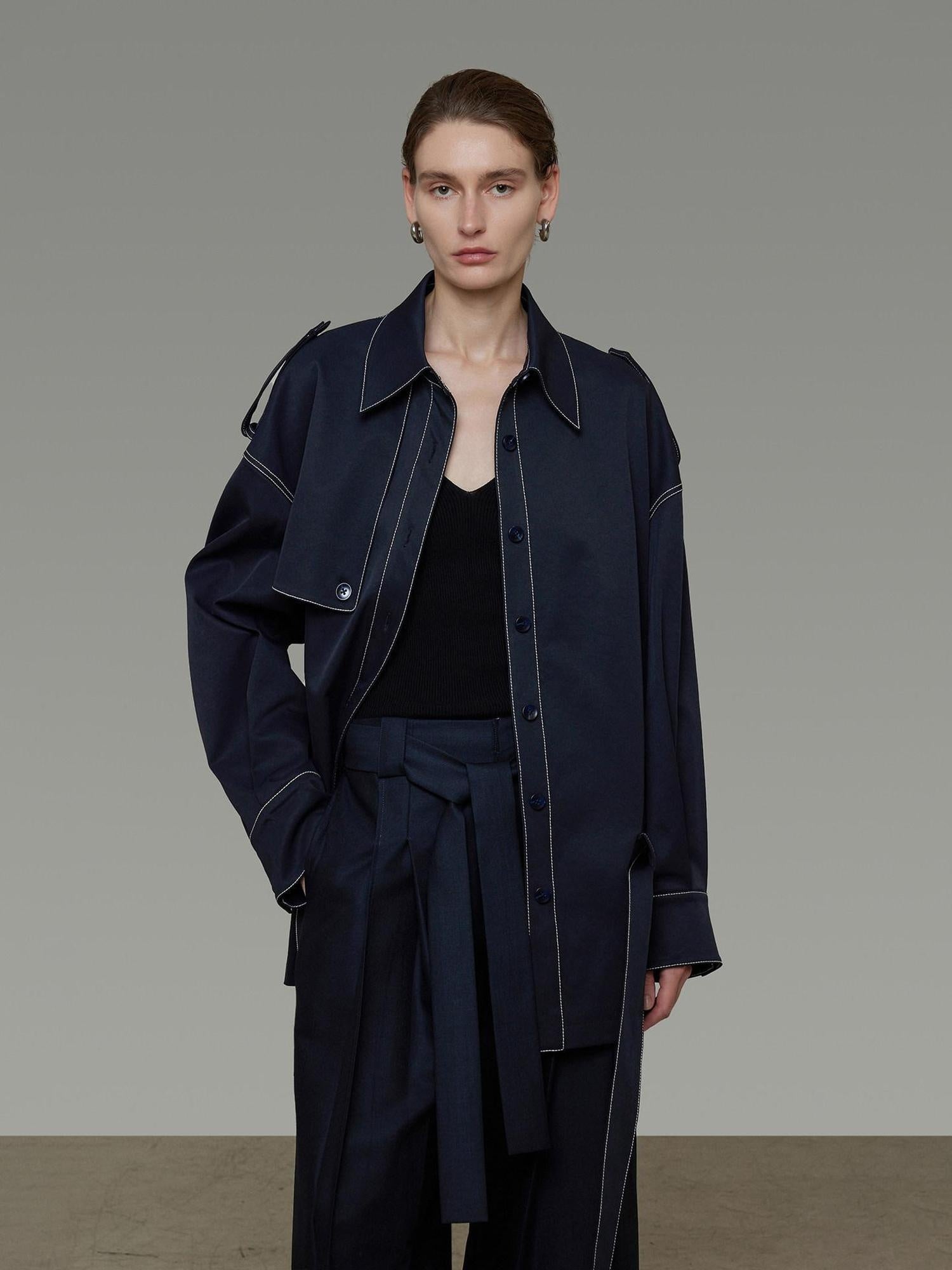 unspoken Vintage Loose Fit Irregular Pocket Detail Women Navy Polyester Trench Coats