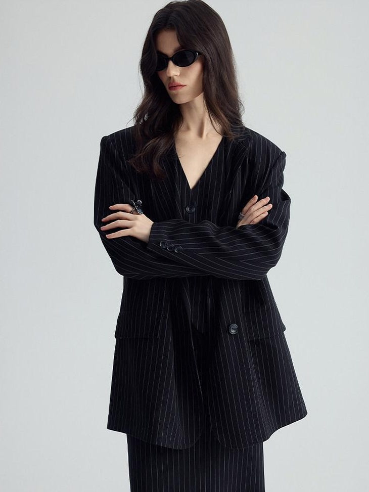 audreyyang Original Design Relaxed Fit Double Breasted Women Black Polyester Blazers