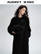 audreyyang Warm Thick Midlength Retro Loose Fit Stand Lamb Collar Women Wool Coats