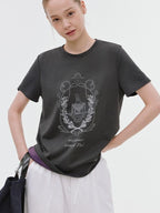 fano Soft Polycotton Korean Loose Fit Crew Neck Dark Gray Print Short Sleeve T-Shirts