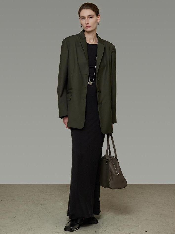 unspoken Breathable Dark Green Loose Lapel Blazer High Waist Casual Top & Skirt Sets