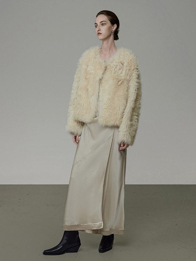 unspoken Minimal Off White Button Front Crew Neck Straight Fit Office Short Coat