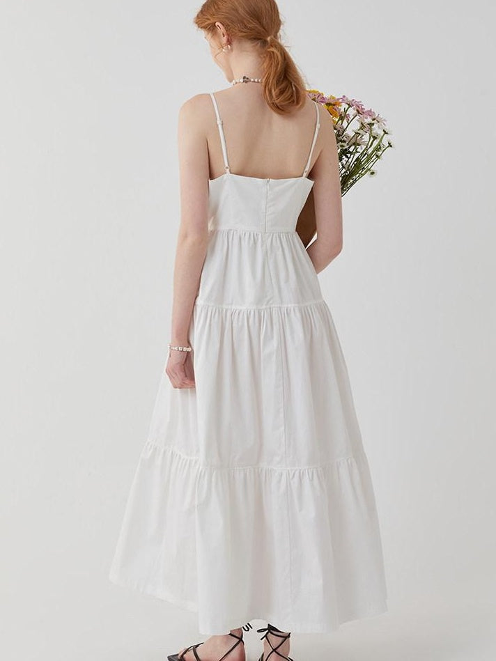 fano High Waist Pleated Minimalist V-neck Sleeveless A Line Cotton Casual Maxi Dresses