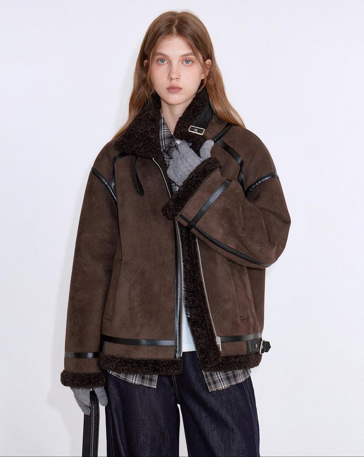 fano Chocolate Brown Fur Lined Stand Collar Loose Fit Casual Women Zip Bomber Jackets