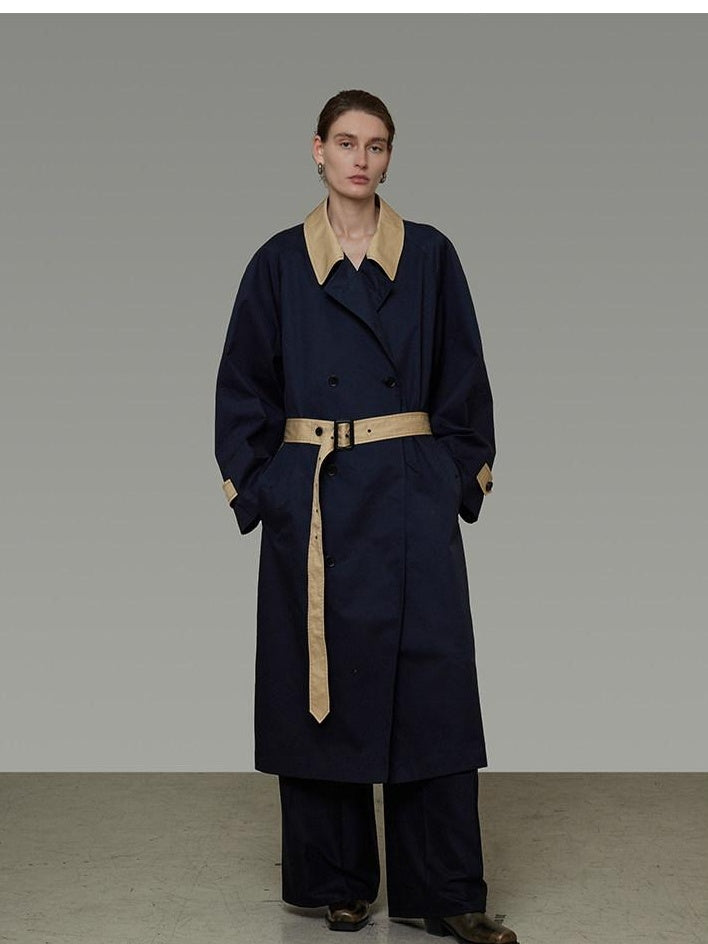 unspoken Minimal Commuter Cotton Loose Fit Single Breasted Long Navy Trench Coats