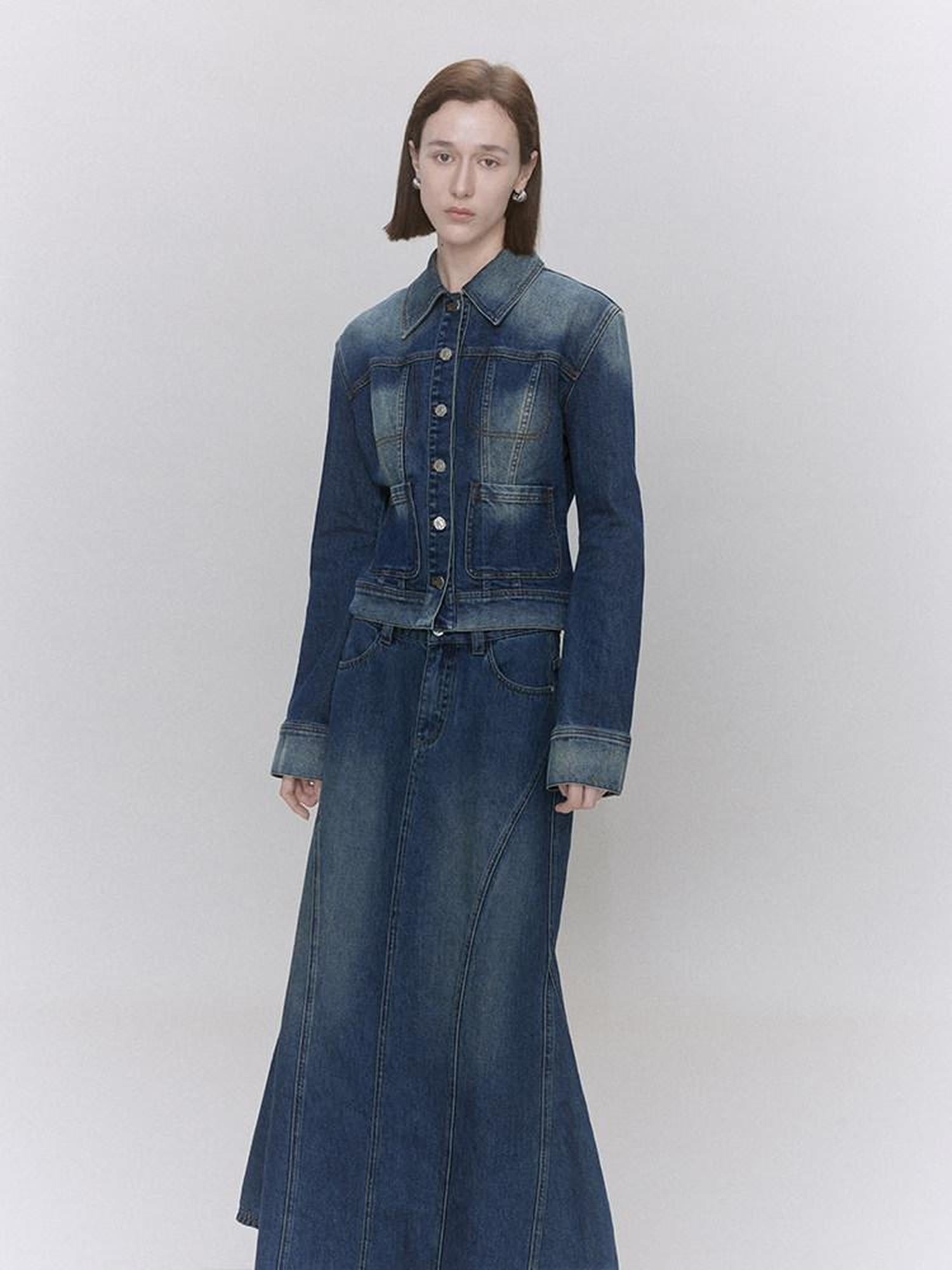 someone sometimes Distressed Low Waist Workwear Aline Fishtail Womens Denim Maxi Skirts