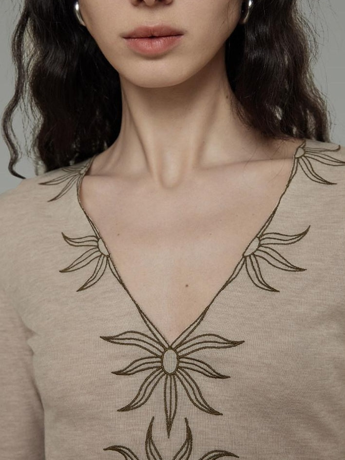 unspoken Embroidered Floral V-neck Slim Fit Bell Sleeve Casual Women Polyester Blouses