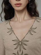 unspoken Embroidered Floral V-neck Slim Fit Bell Sleeve Casual Women Polyester Blouses