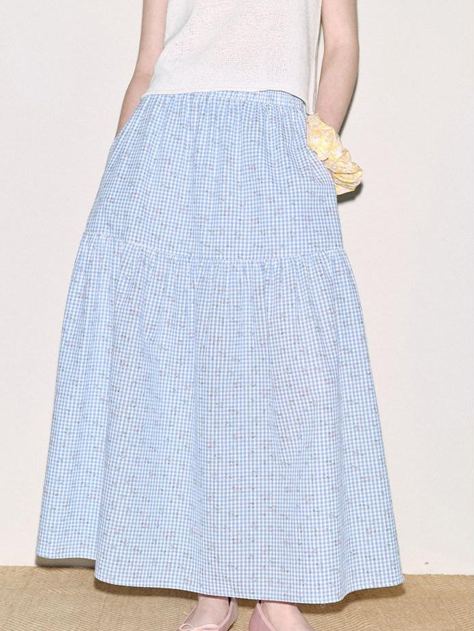 fano Lined 100% Cotton A Line Mid Waist Loose Fit Women Floral Blue Check Maxi Skirts