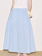 fano Lined 100% Cotton A Line Mid Waist Loose Fit Women Floral Blue Check Maxi Skirts