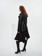 audreyyang Elegant Asymmetric Irregular Hem Mid Waist Front Zipper Black Midi Skirts
