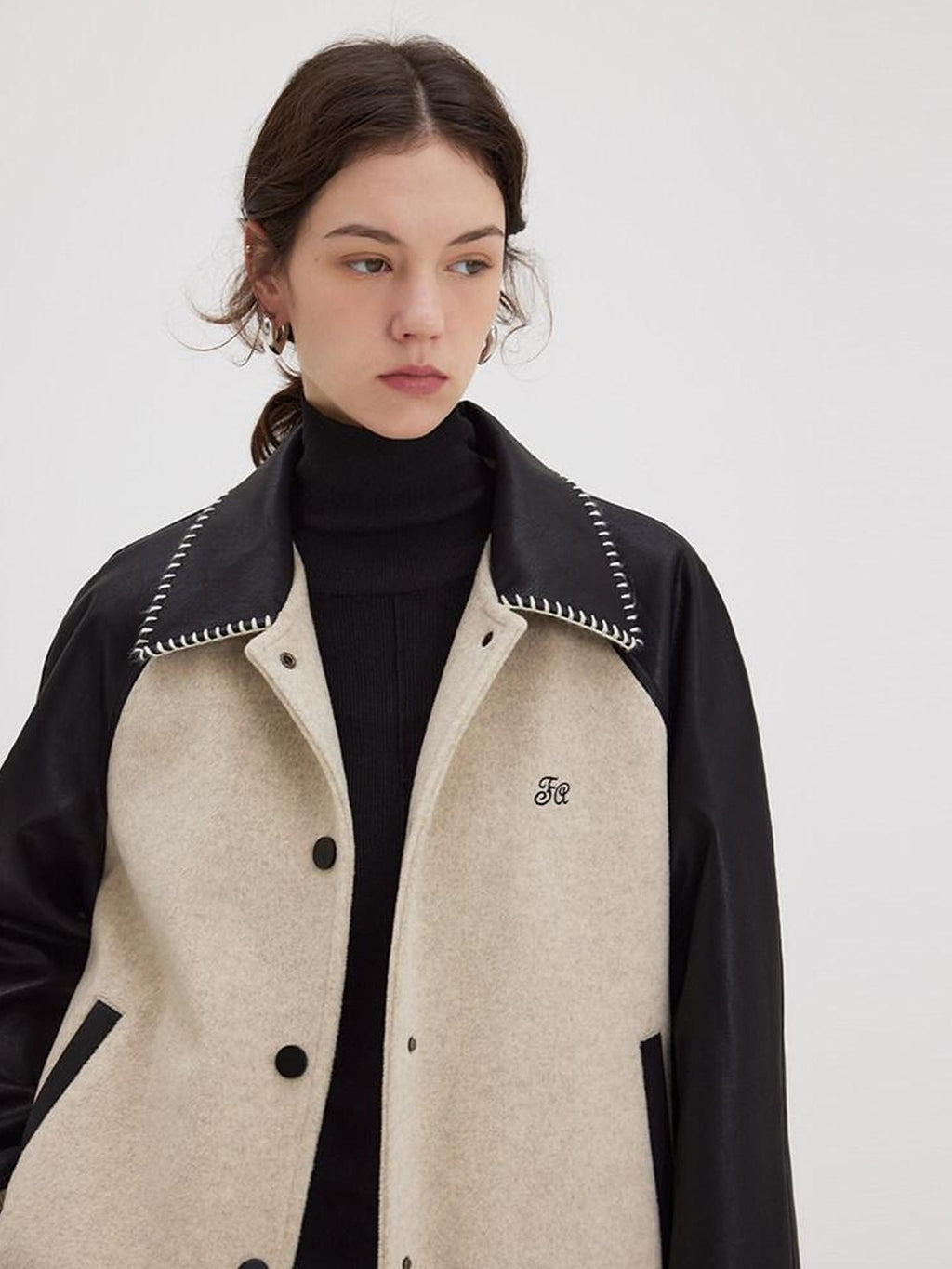 fano Shell Embroidered Commuter Loose Wool Raglan Women Colorblock Bomber Jackets