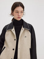 fano Shell Embroidered Commuter Loose Wool Raglan Women Colorblock Bomber Jackets