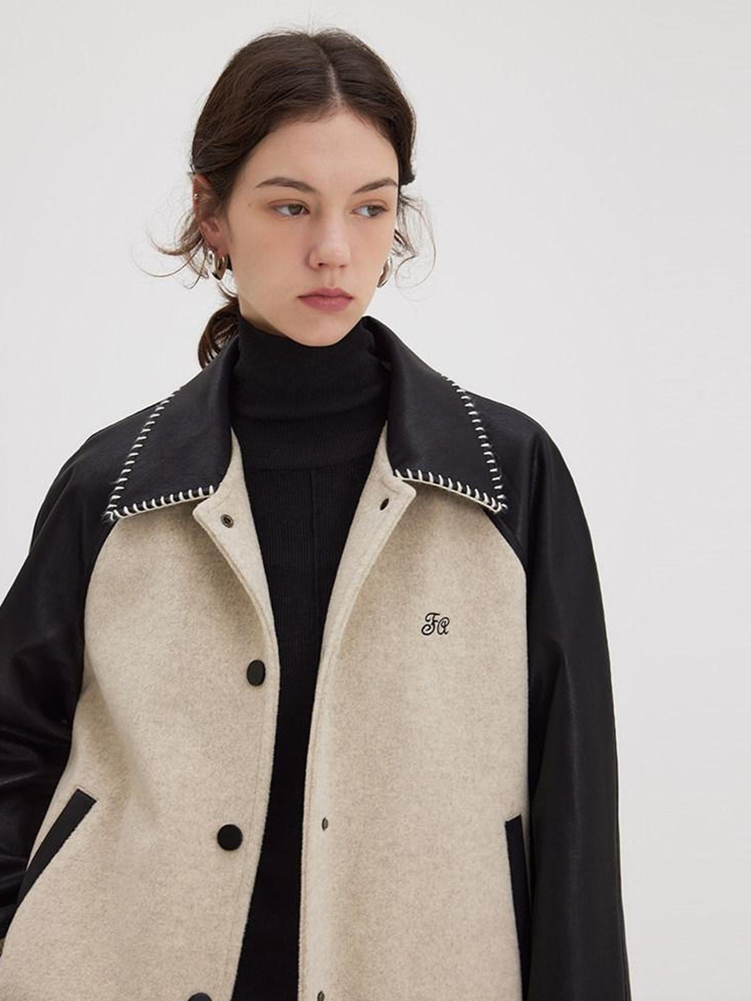 fano Shell Embroidered Commuter Loose Wool Raglan Women Colorblock Bomber Jackets