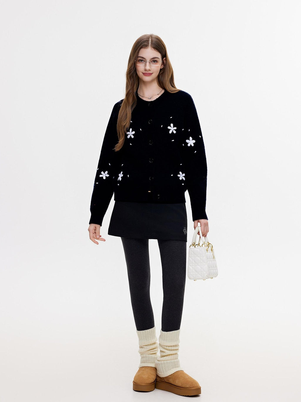 ikyou Thermal Commuter Straight Embroidered Women Acrylic Blend Black Cardigan Sweaters