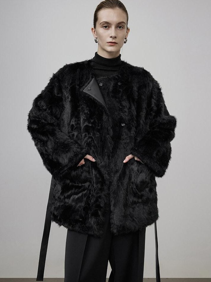 unspoken Faux Fur Lined Minimal Oversized Womens Black Round Neck Long Sleeve Short Coat