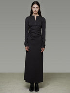 unspoken Breathable Tencel Ruched High Waist A Line Long Sleeve Slim Office Maxi Dresses